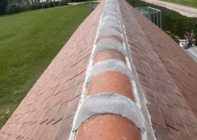 Faîtage en tuiles sur toiture d’un bâtiment rural