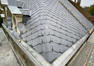 Toiture en ardoise avec échelle de couvreur et cheminée