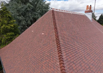 Toiture en tuiles rouges avec cheminée et arbres